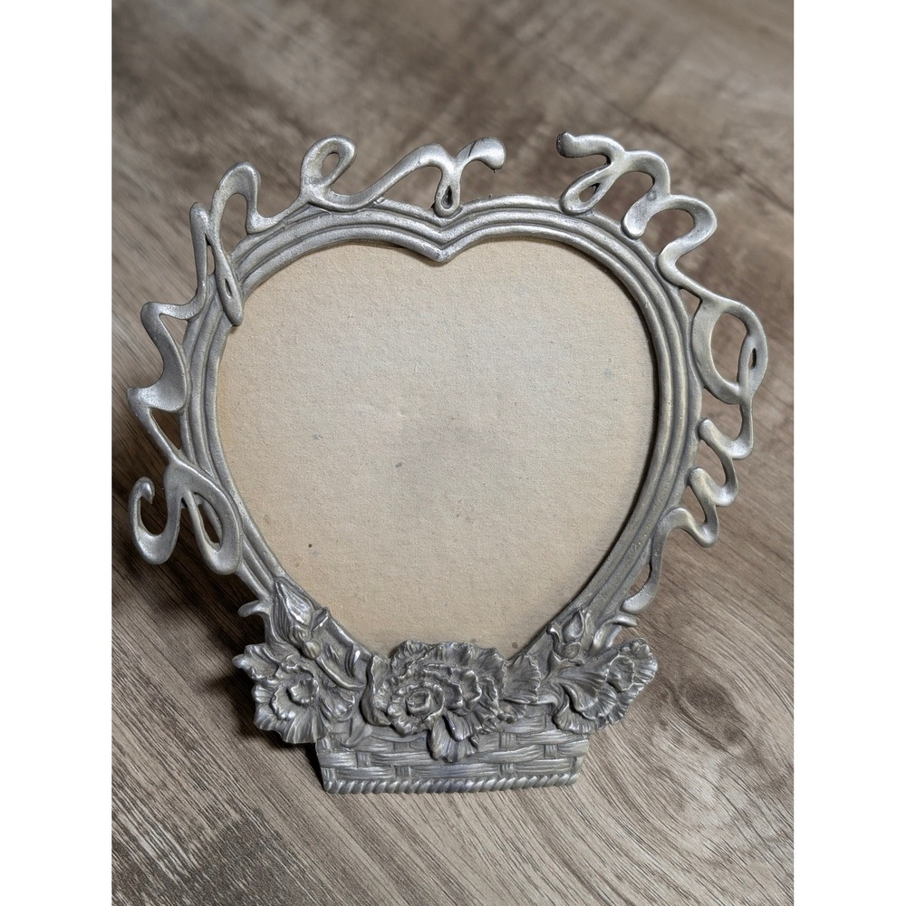 Vintage Heart Pewter Metal Floral Basket 'Super Mom' Script Picture Frame by SUN